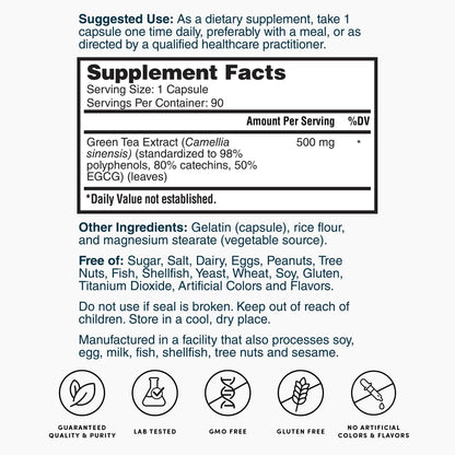 Supplement Facts panel for green tea extract 500 mg, serving size 1 capsule