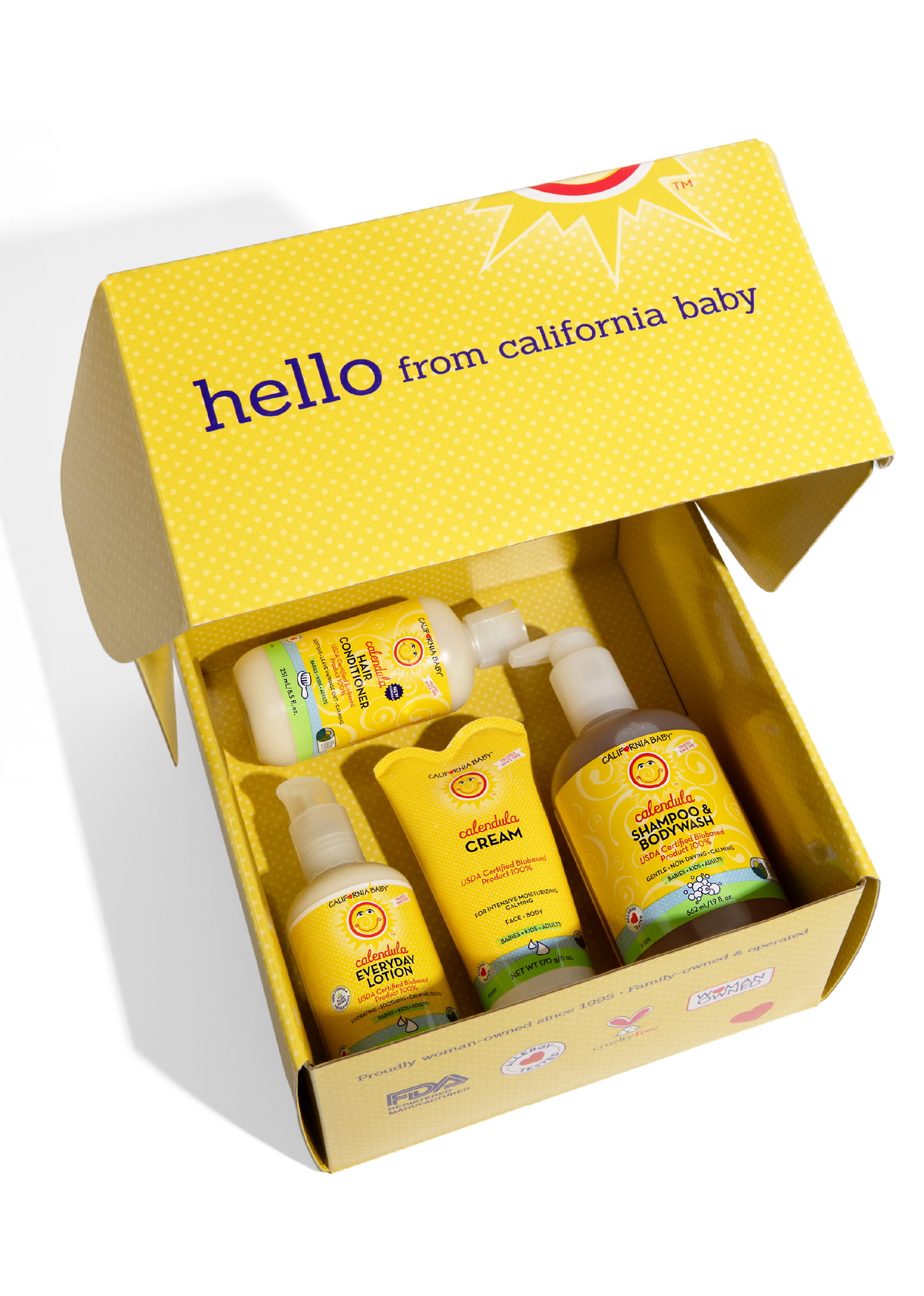 Calendula™ gift set open box with assorted bottles and cream tubes inside