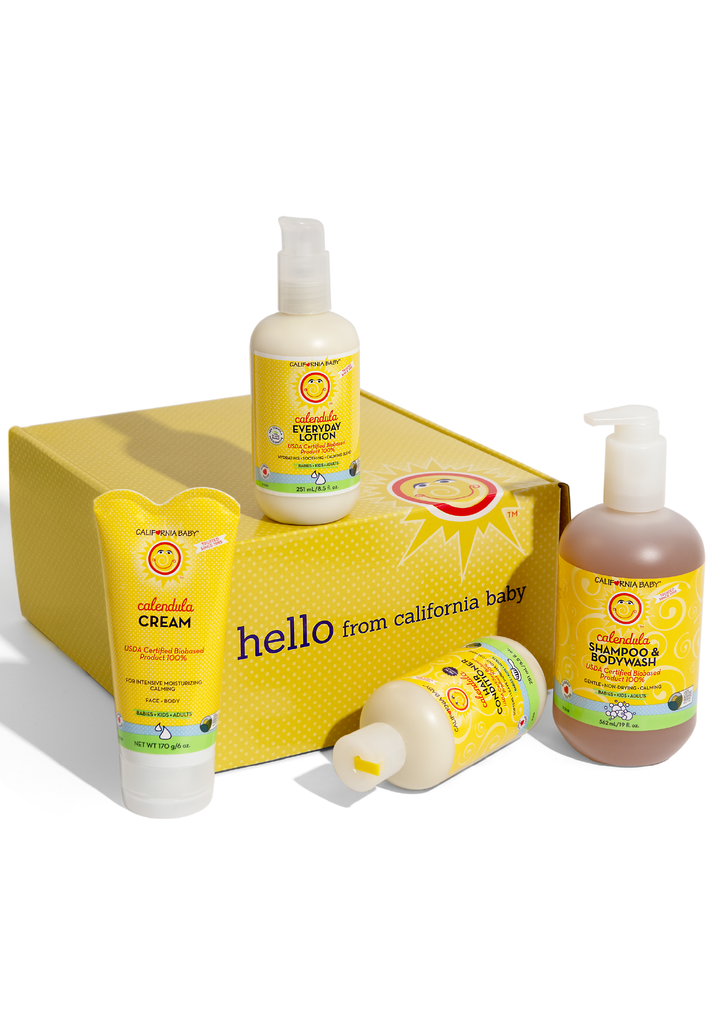 Calendula™ gift set with lotion pump bottle, cream tube, and cream bottles in box