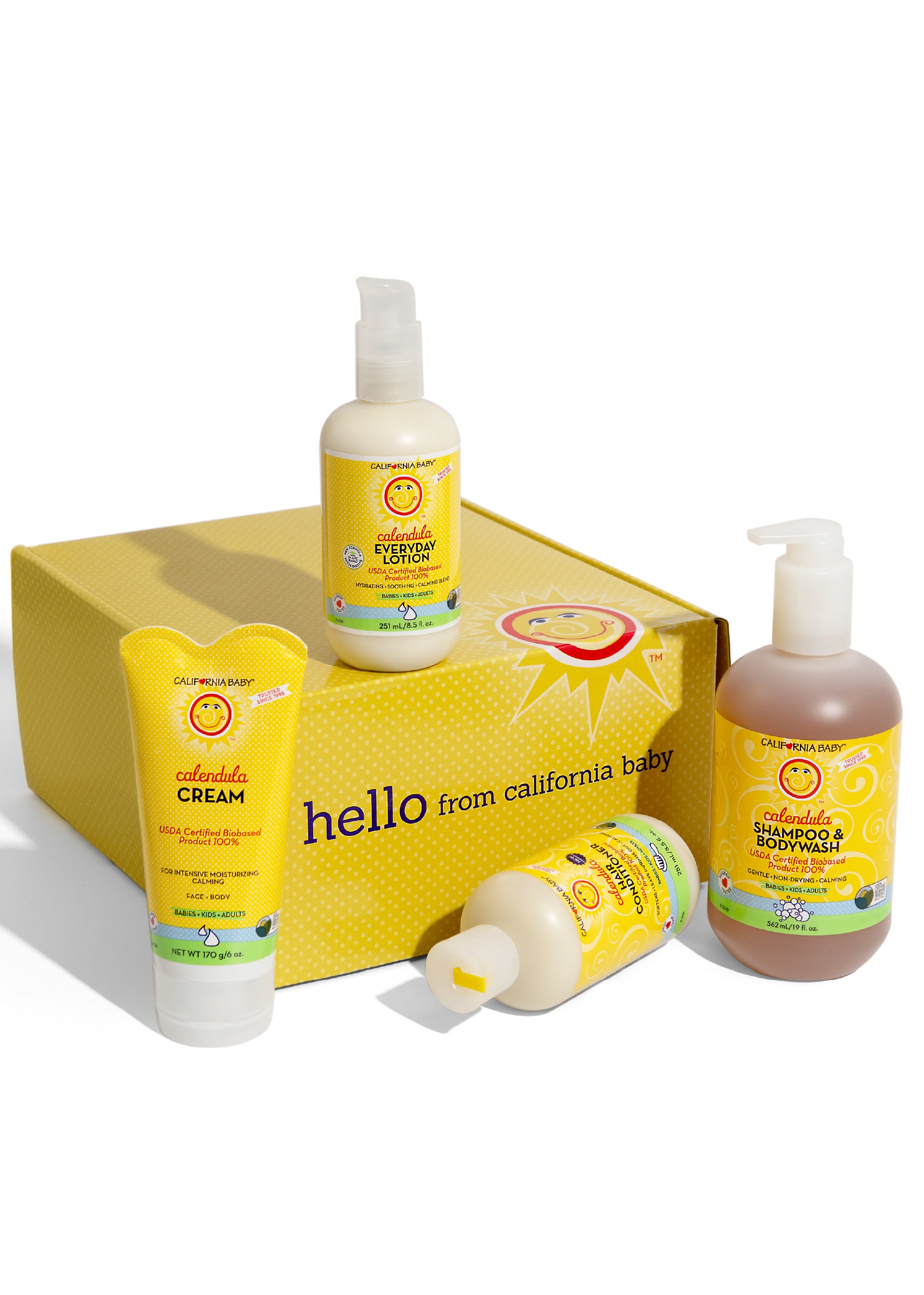 Calendula™ gift set with lotion pump bottle, cream tube, and cream bottles in box