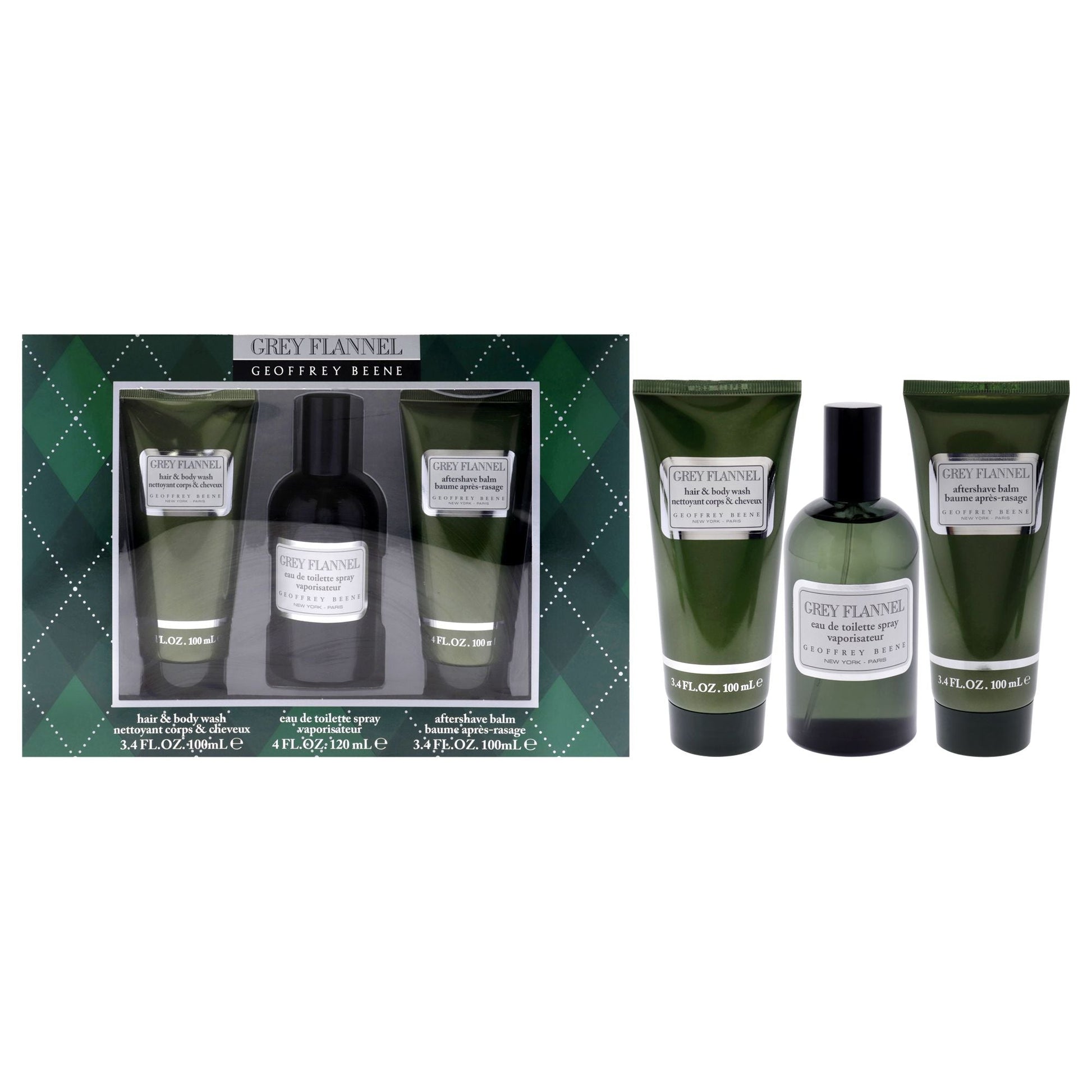 Grey Flannel by Geoffrey Beene for Men - 3 Pc Gift Set 4oz EDT Spray, 3.4oz After Shave Lotion, 3.4oz Hair and Body Wash - Renee Lane Company