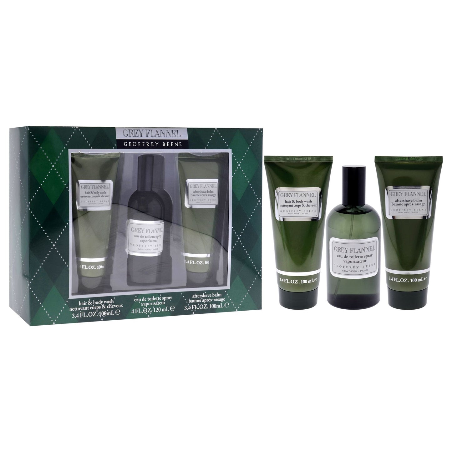 Grey Flannel by Geoffrey Beene for Men - 3 Pc Gift Set 4oz EDT Spray, 3.4oz After Shave Lotion, 3.4oz Hair and Body Wash - Renee Lane Company