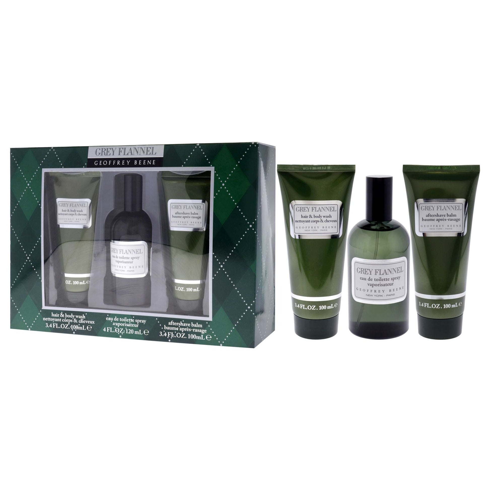 Grey Flannel by Geoffrey Beene for Men - 3 Pc Gift Set 4oz EDT Spray, 3.4oz After Shave Lotion, 3.4oz Hair and Body Wash - Renee Lane Company