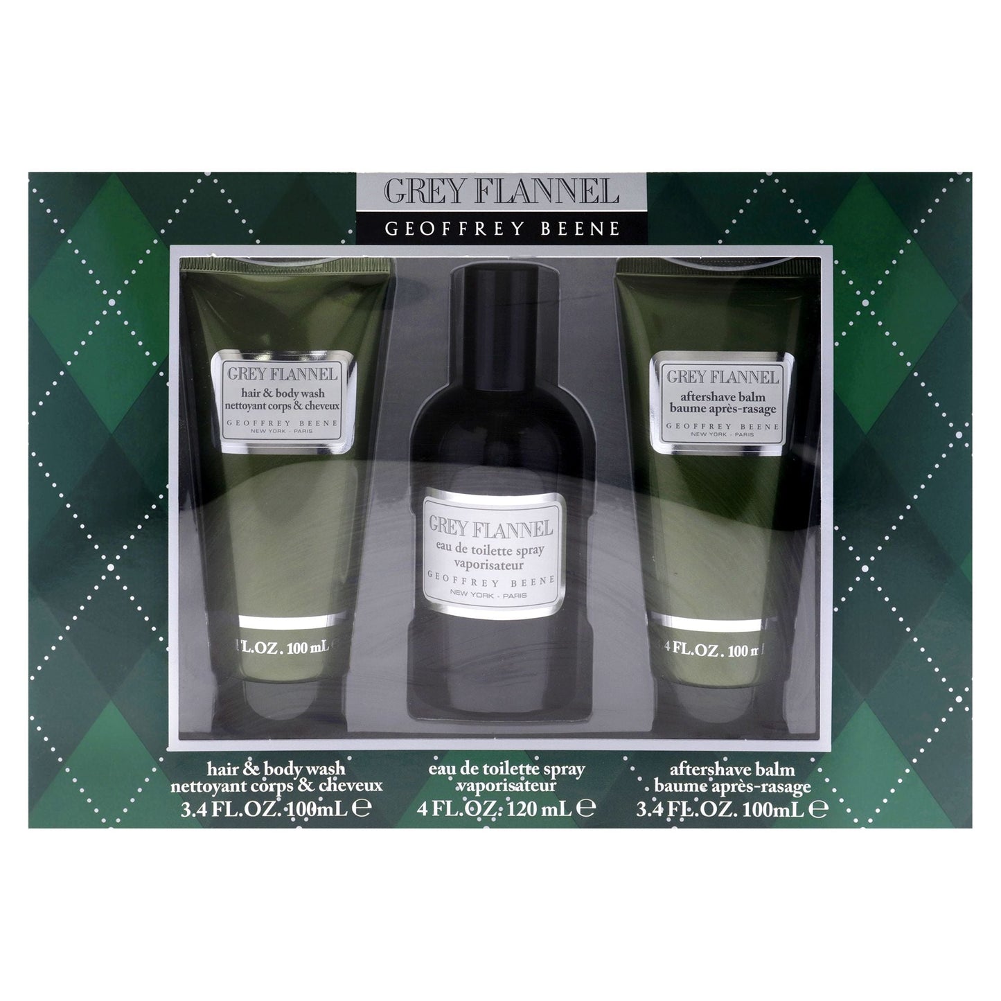 Grey Flannel by Geoffrey Beene for Men - 3 Pc Gift Set 4oz EDT Spray, 3.4oz After Shave Lotion, 3.4oz Hair and Body Wash - Renee Lane Company