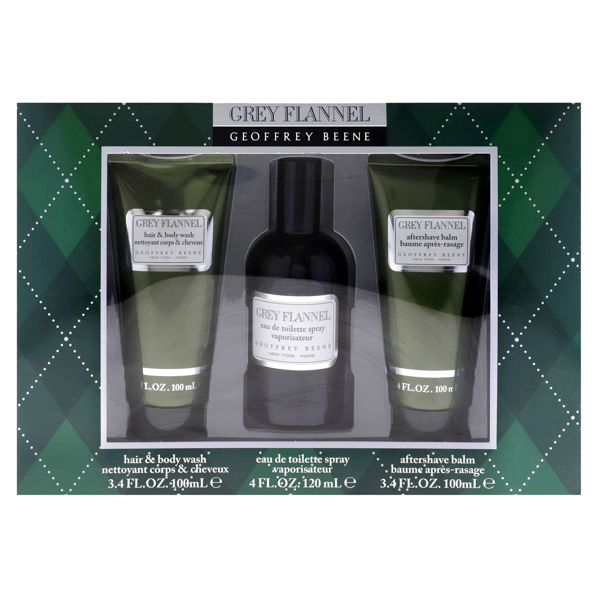 Grey Flannel by Geoffrey Beene for Men - 3 Pc Gift Set 4oz EDT Spray, 3.4oz After Shave Lotion, 3.4oz Hair and Body Wash - Renee Lane Company