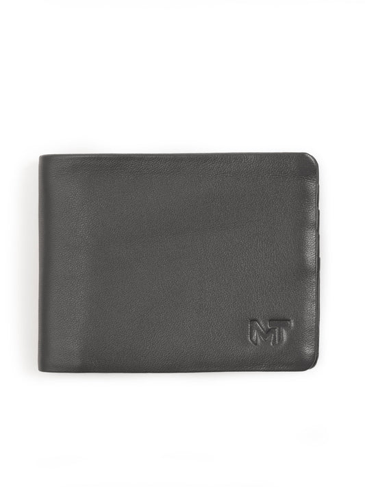 Gray bifold wallet with embossed logo on front