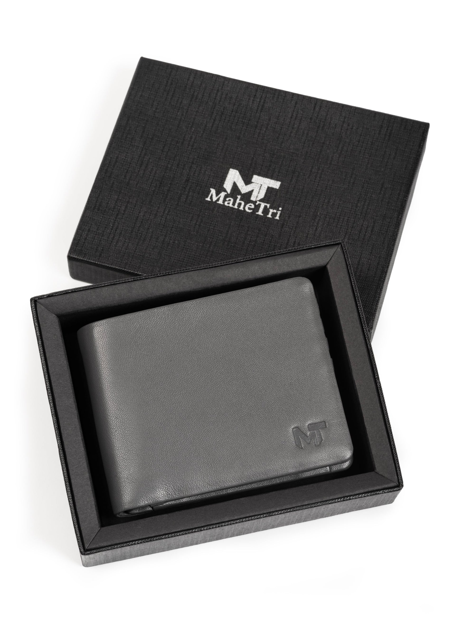 Gray bifold wallet in open gift box, embossed logo on inner panel