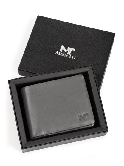 Gray bifold wallet in open gift box, embossed logo on inner panel