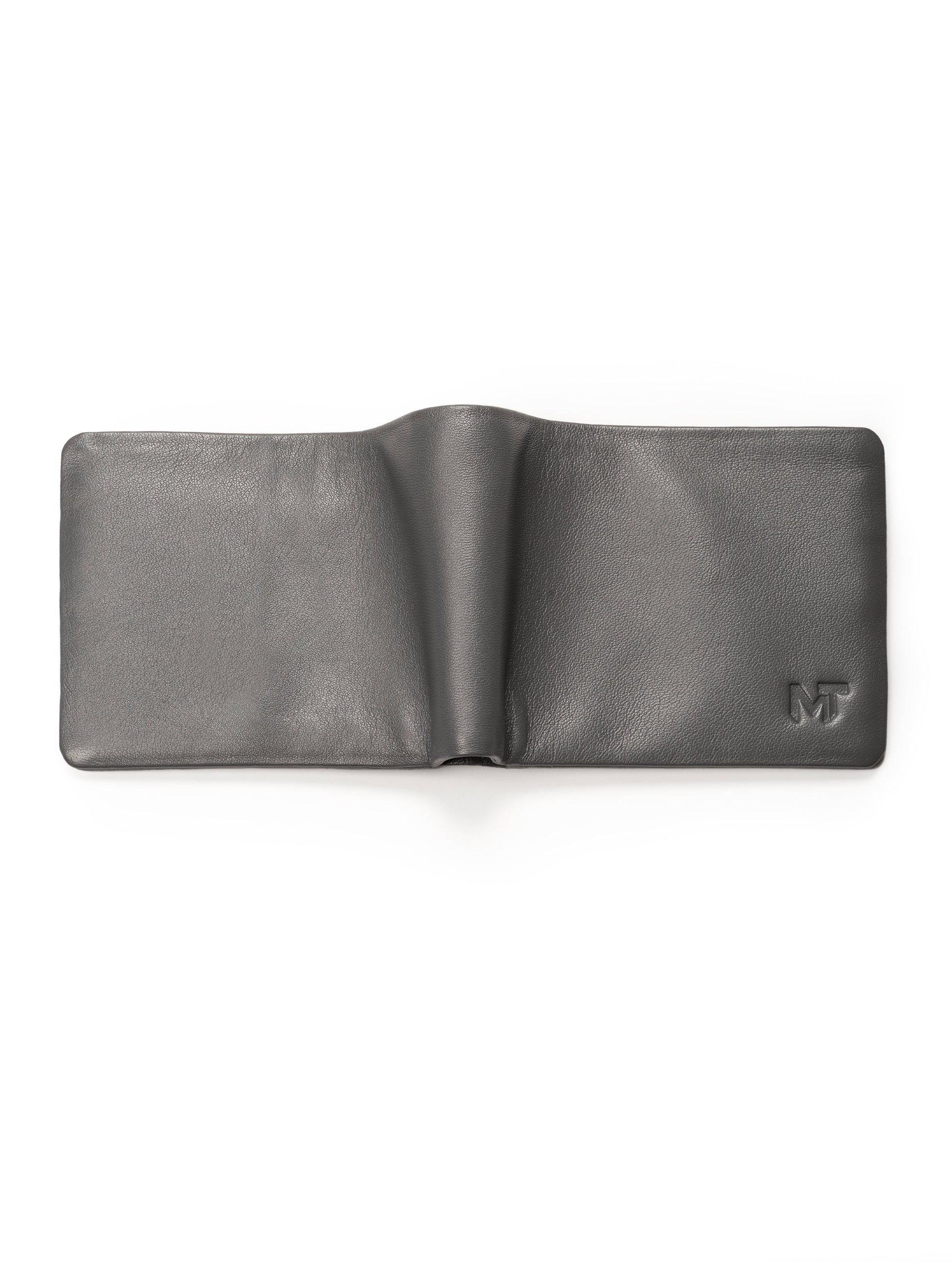 Gray bifold wallet opened flat, two interior panels with logo