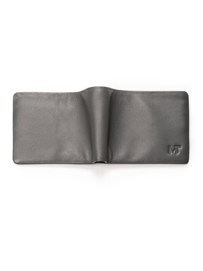Gray bifold wallet opened flat, two interior panels with logo