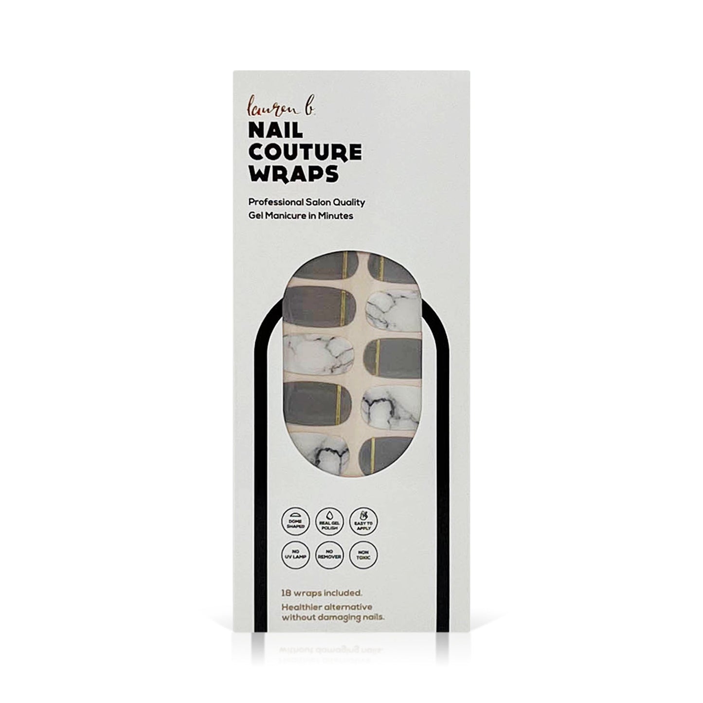 Grey and gold marble gel nail wraps box with assorted press-on nail designs