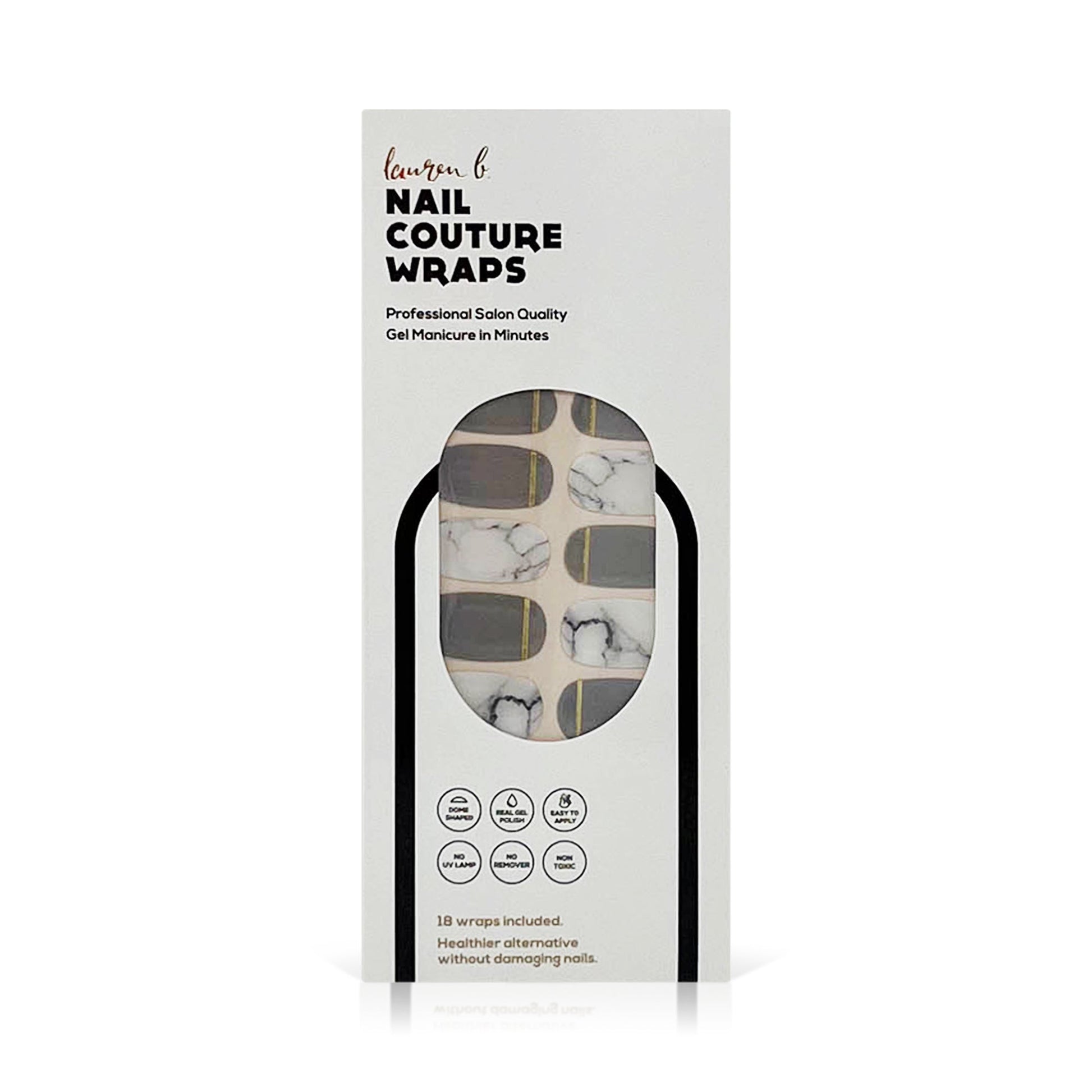 Grey and gold marble gel nail wraps box with assorted press-on nail designs