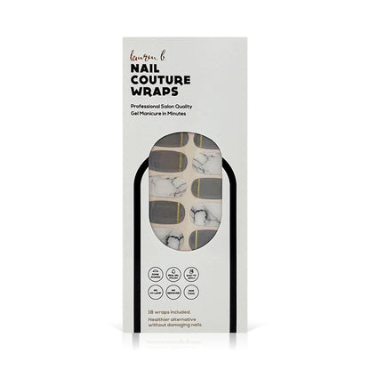 Grey and gold marble gel nail wraps box with assorted press-on nail designs