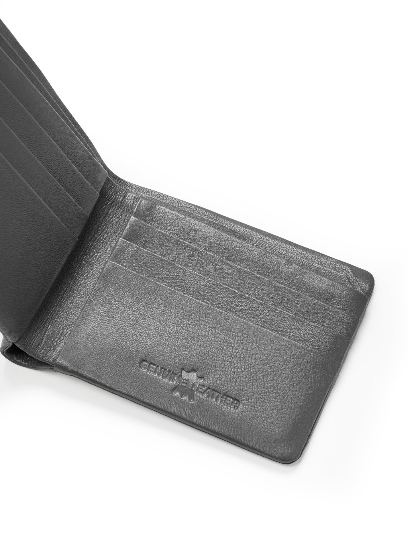 Gray bifold wallet close-up of card area with embossed logo
