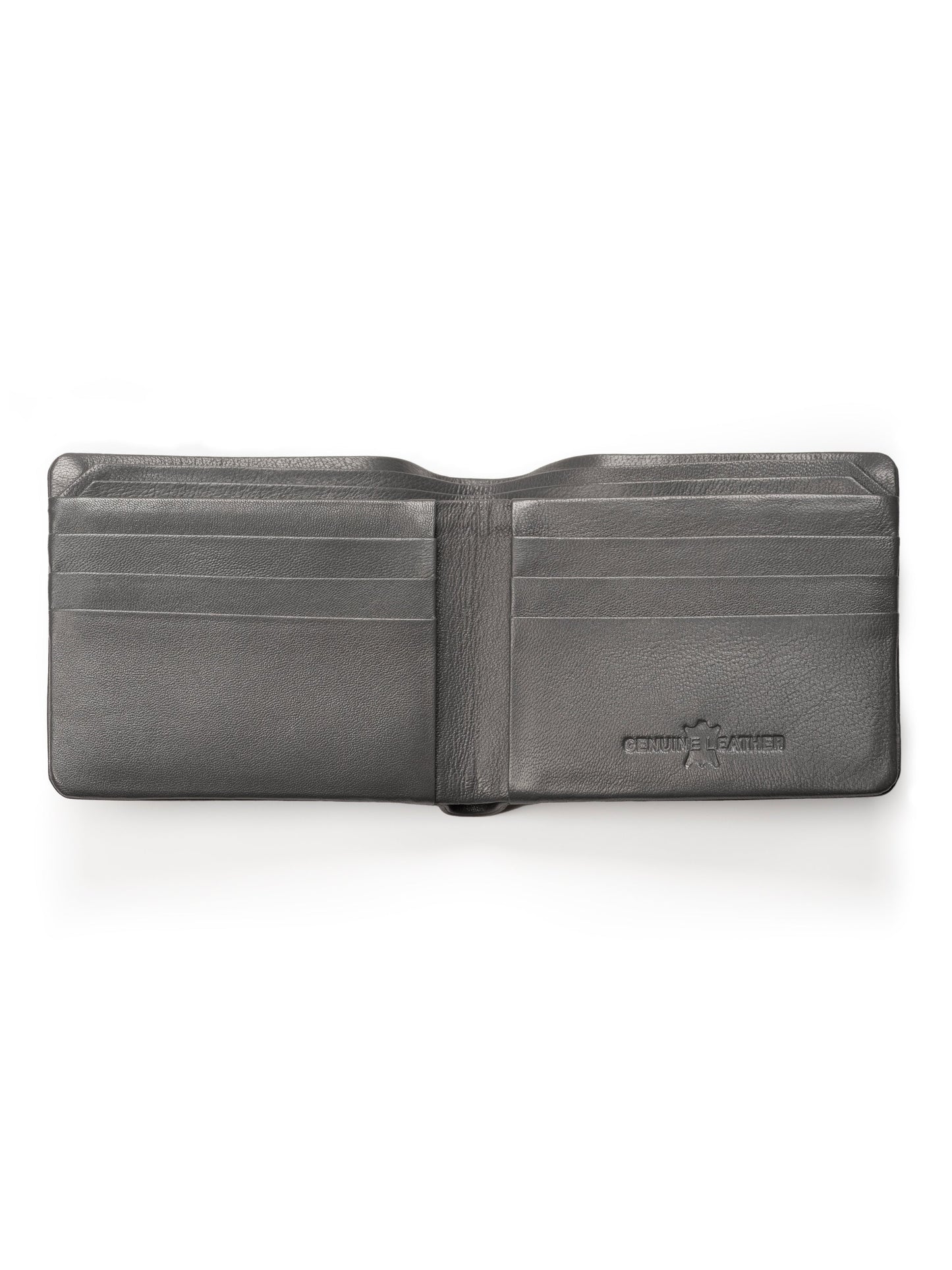 Gray bifold wallet opened, multiple card slots and embossed logo
