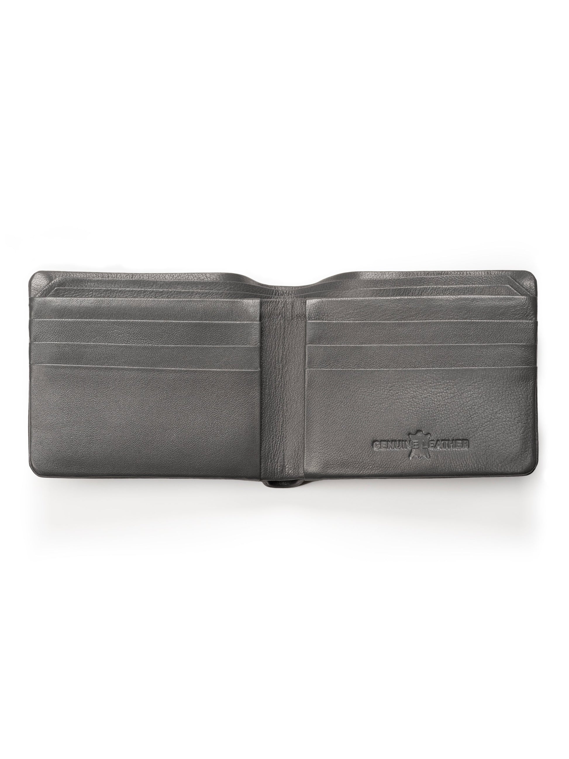 Gray bifold wallet opened, multiple card slots and embossed logo