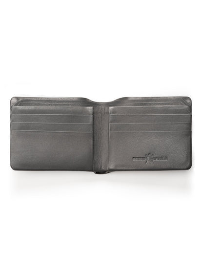 Gray bifold wallet opened, multiple card slots and embossed logo