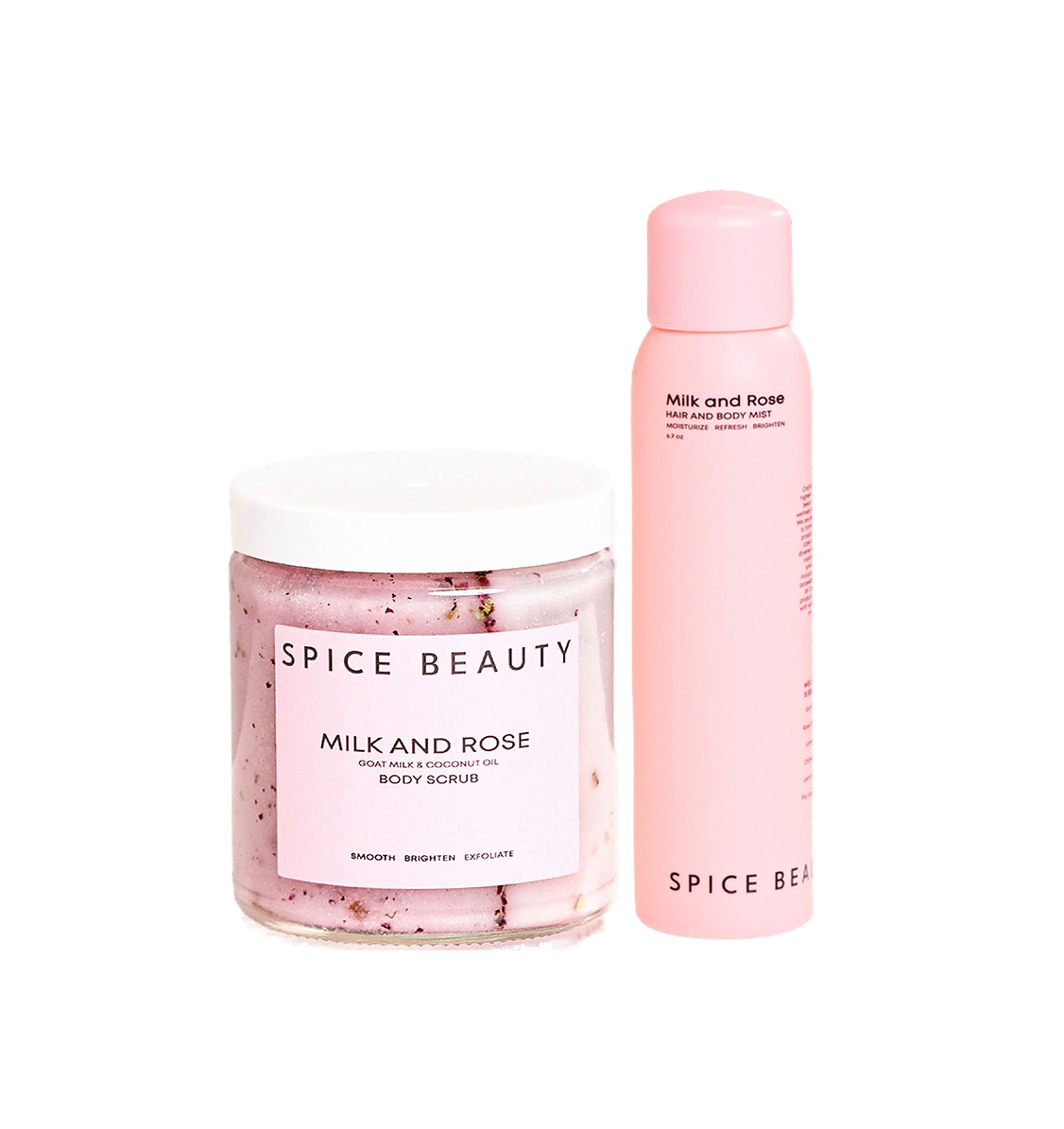 Milk and Rose body scrub jar and mist bottle set, pink and white