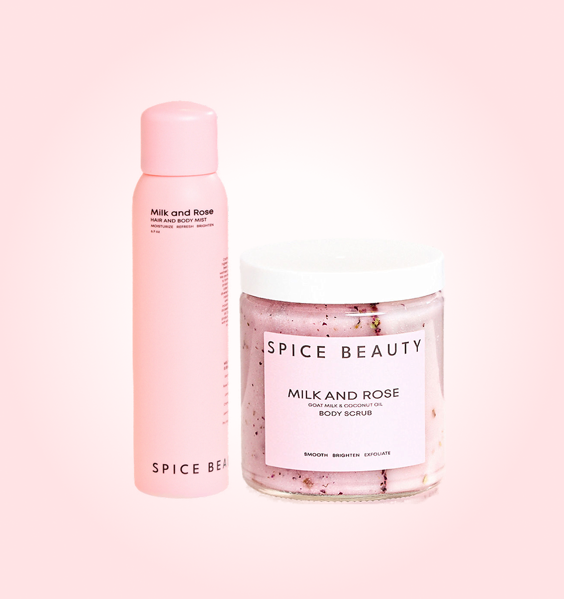 Milk and Rose body scrub jar and hair and body mist bottle, pink and white