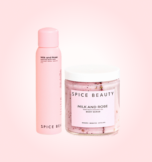 Milk and Rose body scrub jar and hair and body mist bottle, pink and white