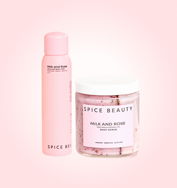 Soothe and Scent Duo Milk and Rose body mist and body scrub jar