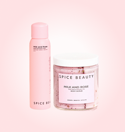 Soothe and Scent Duo Milk and Rose body mist and body scrub jar