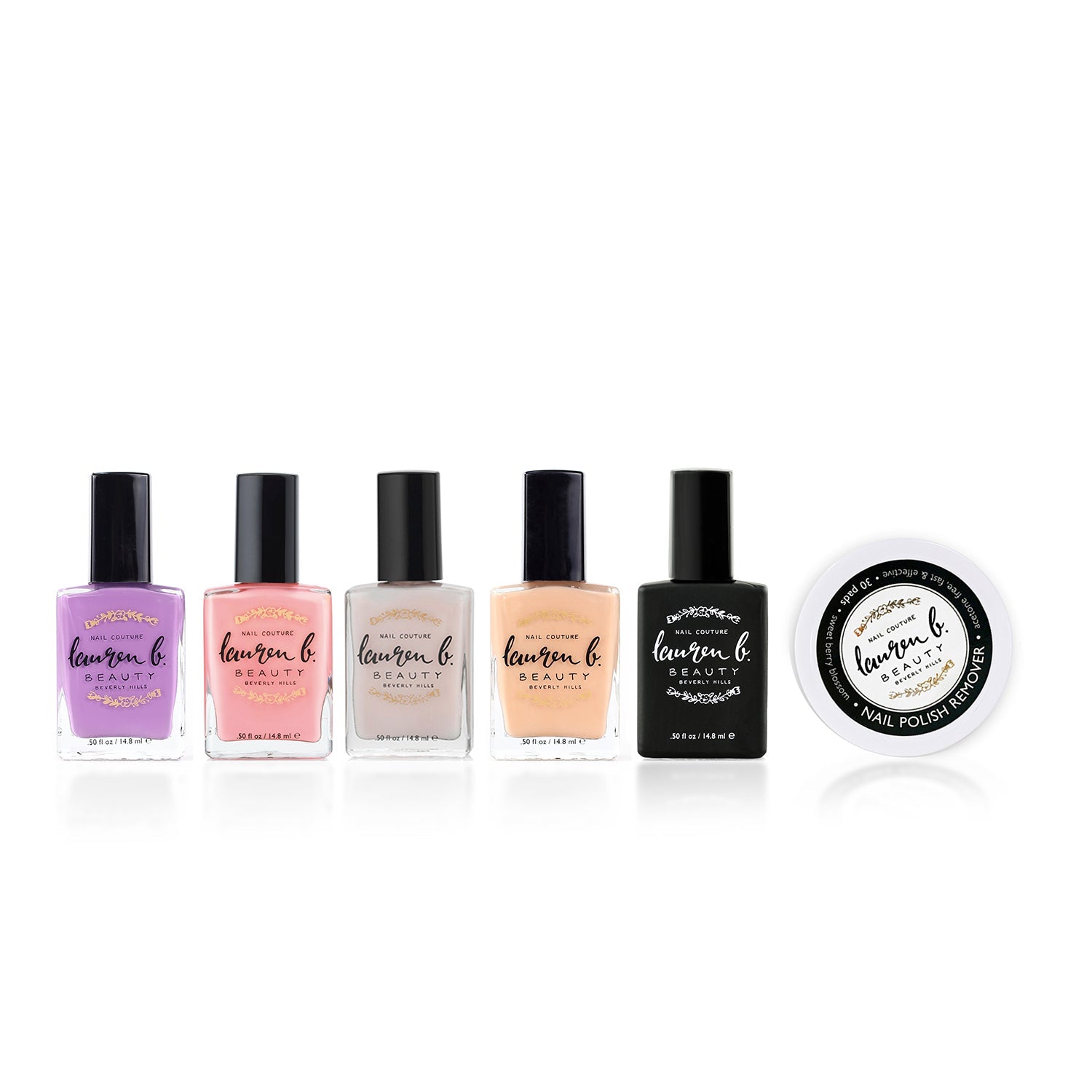At-home nail polish set showing five bottles and round polish lid