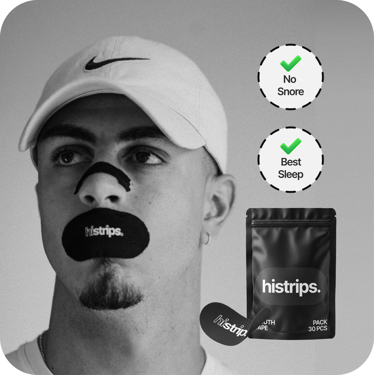 Mouth tape strip on man's face with histrips mouth tape 30-pack pouch.