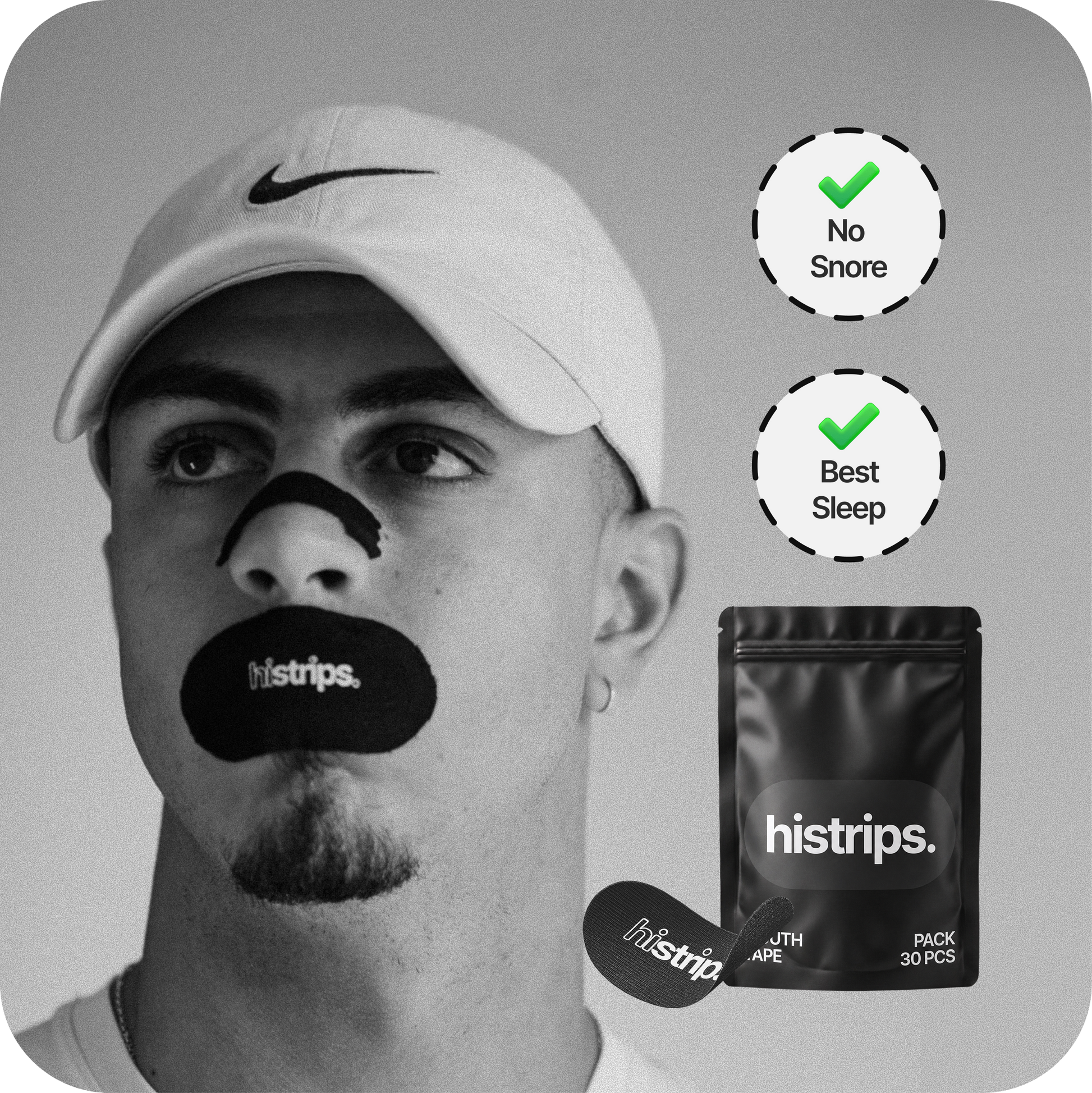 Mouth tape strip on man's face with histrips mouth tape 30-pack pouch.
