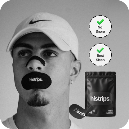 Mouth tape strip on man's face with histrips mouth tape 30-pack pouch.