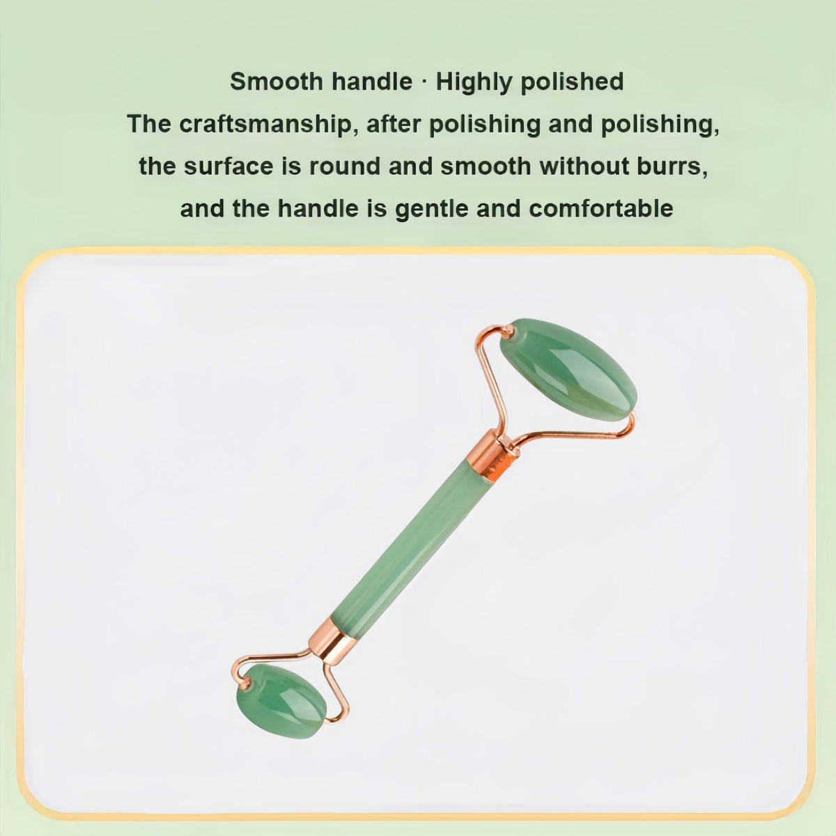 Green jade gua sha roller tool with rose-gold handle and polished surface