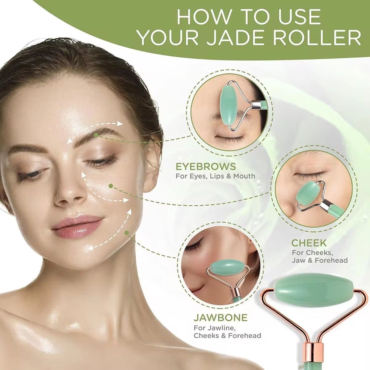 Green jade gua sha and roller facial massage tools for face areas