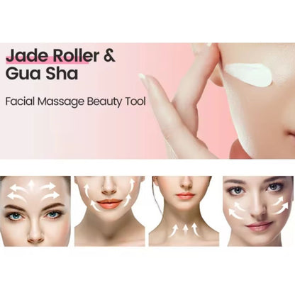 Green jade roller and gua sha facial massage tool set with rose-gold handles
