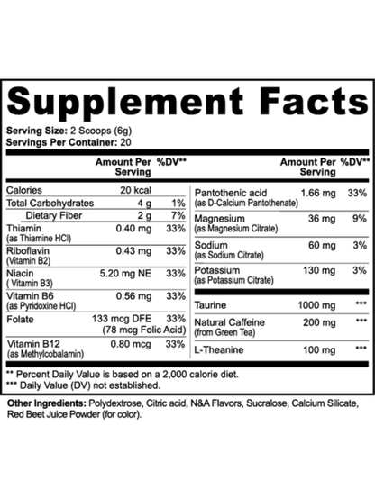 Supplement Facts nutrition panel for energy powder, serving size 2 scoops