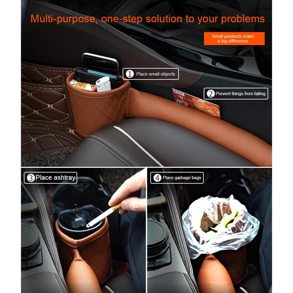 Car seat gap filler in brown leather with cup holder for small items and trash