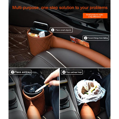 Car seat gap filler in brown leather with cup holder for small items and trash