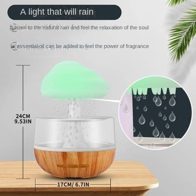 Rain-cloud desktop humidifier with clear mist chamber, light wood base, raindrop spout