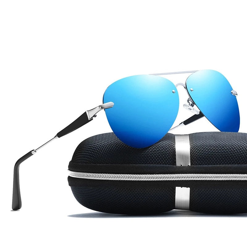 Men’s sunglasses with blue mirrored lenses, silver frame, and black arms