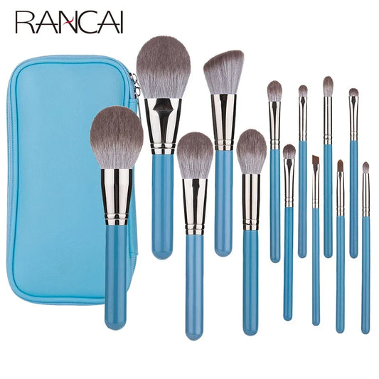 Makeup brush set with blue zip pouch, 13 brushes with brown soft bristles