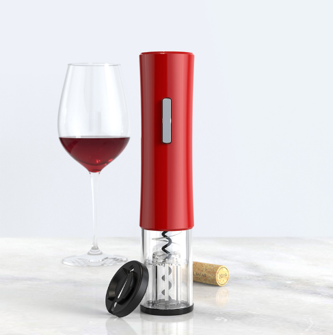 Red automatic wine bottle opener with corkscrew tip and black foil cutter base