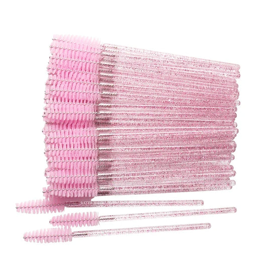 Disposable mascara wand brushes, pink bristles with clear handle tips, 50-pack style