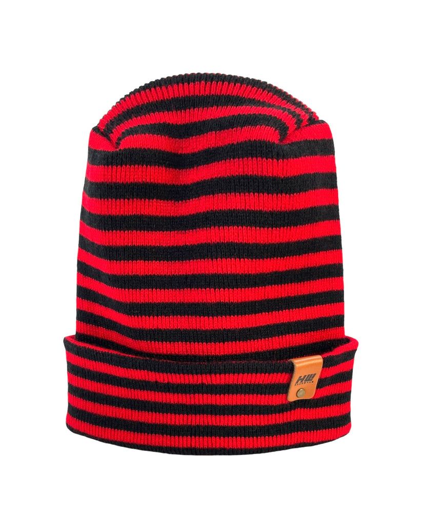 Striped cuff beanie in black and red knit with brand patch