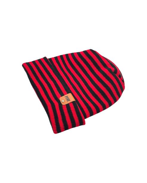 Red and black striped beanie with folded cuff and tan logo patch