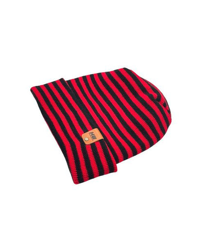 Red and black striped beanie with folded cuff and tan logo patch