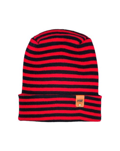 Red and black striped beanie with cuff and small tan brand patch
