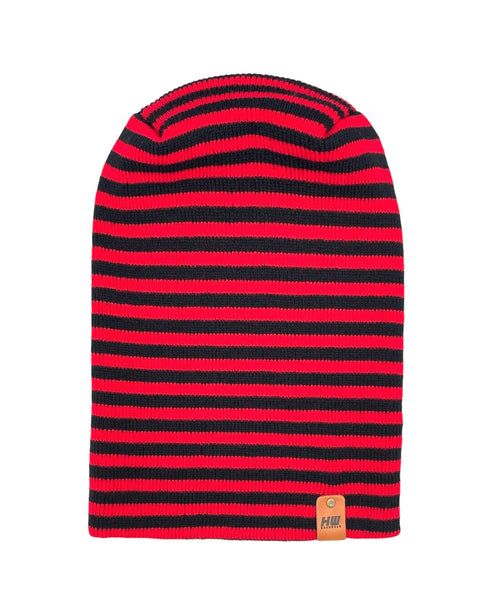 Red and black striped knit beanie with cuff and tan logo patch