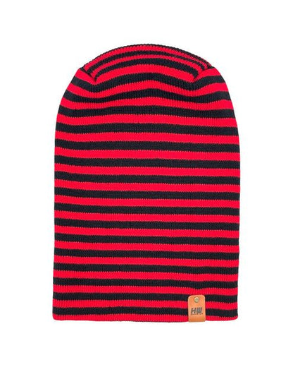 Red and black striped knit beanie with cuff and tan logo patch