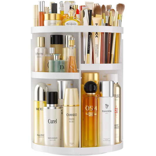 HEMTROY Makeup Organizer 360 rotating Adjustable Skincare Organizers with Brush Holder Cosmetics Display Cases for Vanity Bathroom Countertop Large Capacity Carousel Make up Caddy Shelf (White) - Renee Lane Company