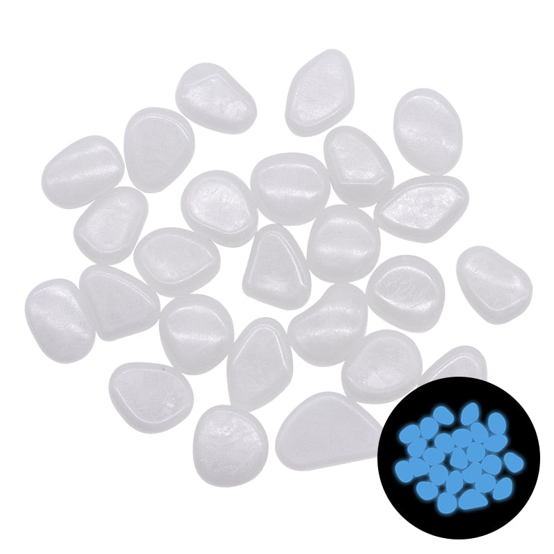 Glow-in-the-dark garden pebbles, white translucent oval stones
