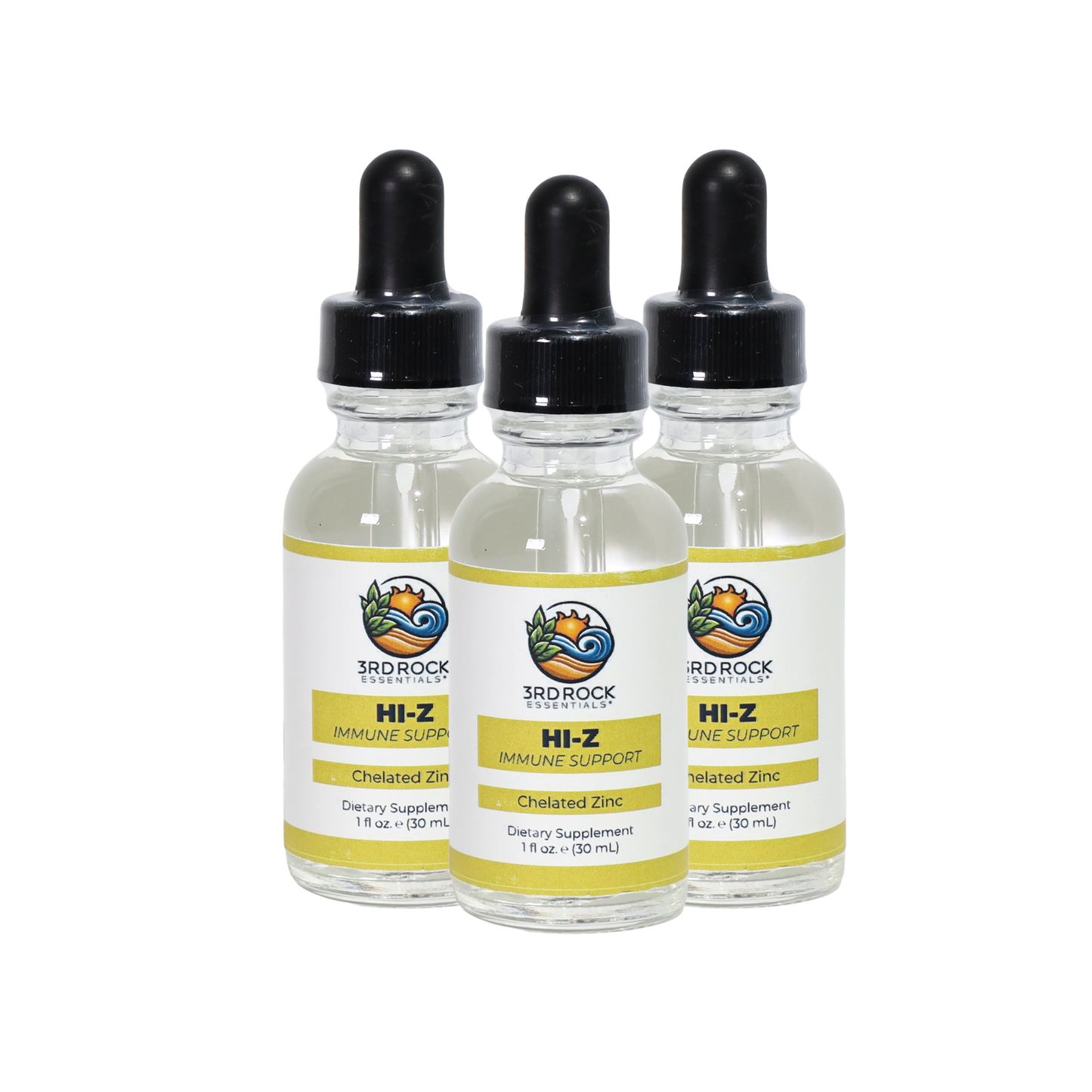 Three liquid zinc supplement bottles with black droppers on a white background